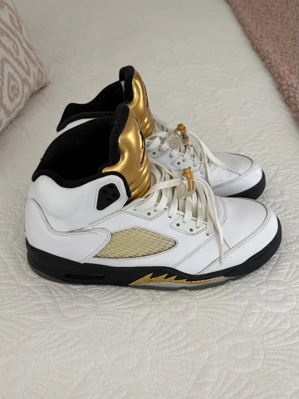 Jordan White and Gold Retro High-Top Sneakers